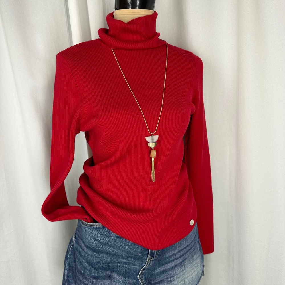 Lauren Ralph Lauren Red Cotton Modal Ribbed Turtleneck Sweater L‎